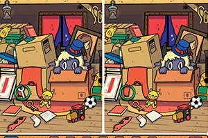 Sympatyczne stworzenie w kapeluszu wyłaniające się zza pudeł w pokoju zabałaganionym zabawkami i przedmiotami