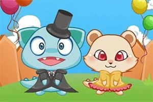 Dwa urocze animowane zwierzątka w eleganckich ubraniach trzymające balony na tle nieba i płotu