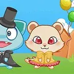 Dwa urocze animowane zwierzątka w eleganckich ubraniach trzymające balony na tle nieba i płotu