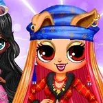 Dwie kolorowo ubrane, animowane postacie z dużymi oczami i uśmiechami na kolorowym tle