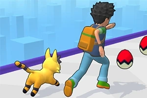 Postać w niebieskich spodniach i żółtym plecaku biegnie w towarzystwie żółtego, elektrycznego stworzenia obok kul przypominających czerwono-białe piłki