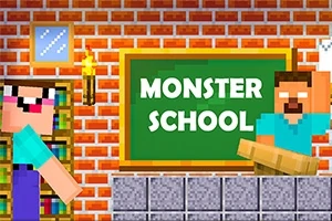 Postacie w stylu pixel art w klasie z zieloną tablicą z napisem Monster School