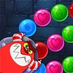 Kolorowe kulki z symbolami oraz czerwony animowany potwór z zębami na ciemnym tle