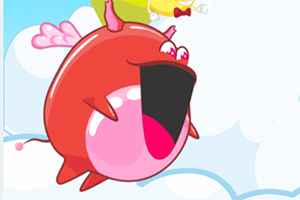 Czerwona, kreskówkowa ryba z dużą otwartą buzią i skrzydłami na tle nieba z chmurami