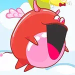 Czerwona, kreskówkowa ryba z dużą otwartą buzią i skrzydłami na tle nieba z chmurami