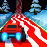 Czerwony samochód jedzie po falistej, czerwono-białej drodze otoczonej śnieżnymi wzgórzami i drzewami