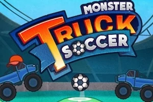 Dwa niebieskie monster trucki z piłką do piłki nożnej na tle stadionu, z kolorowym napisem na górze