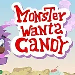 Fioletowy potwór o dużych oczach na tle z napisem Monster Wants Candy