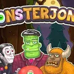 Trzy komiczne postacie potworów, w tym wampir, zielony stwór i rogaty potwór, stojące przed napisem „MONSTERJONG” na tle ciemnego lasu