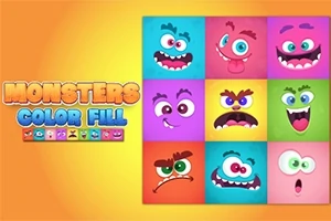 Kreatywne, kolorowe kwadratowe twarze potworków na kolorowym tle obok napisu Monsters Color Fill