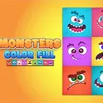 Kreatywne, kolorowe kwadratowe twarze potworków na kolorowym tle obok napisu Monsters Color Fill