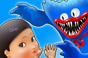 Postać z przestraszoną miną i potwór z szerokim uśmiechem i ostrymi zębami na jasnym tle