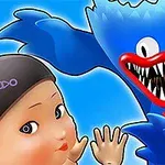 Postać z przestraszoną miną i potwór z szerokim uśmiechem i ostrymi zębami na jasnym tle