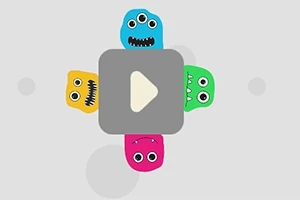 Cztery kolorowe potworki wokół szarego przycisku odtwarzania na jasnym tle