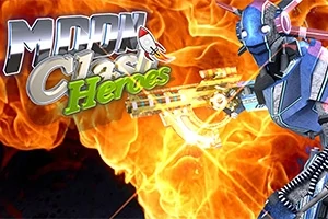 Robot z futurystyczną bronią na tle płomieni z dużym napisem Moon Clash Heroes