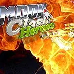 Robot z futurystyczną bronią na tle płomieni z dużym napisem Moon Clash Heroes