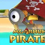 Kurczak pirat z lunetą na tle tropikalnej plaży z czaszką i skrzyżowanymi piszczelami na kapeluszu, z napisem „Moorhuhn Piraten”