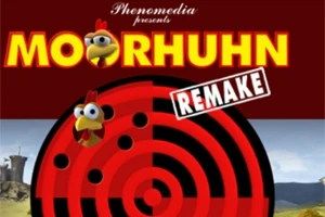 Logo z kurczakiem i napisem Moorhuhn Remake na tle krajobrazu z wieżą