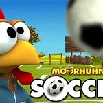 Kurka w koszulce sportowej z piłką nożną na tle boiska oraz napis Soccer