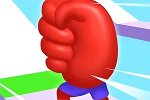 Czerwona animowana ręka w formie pięści na kolorowym tle geometrycznych kształtów