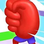 Czerwona animowana ręka w formie pięści na kolorowym tle geometrycznych kształtów