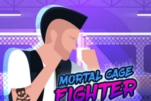 Postać z tatuażem czaszki na ramieniu w pozycji bokserskiej na tle klatki z fioletowym oświetleniem, z napisem Mortal Cage Fighter