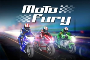 Trzech motocyklistów w kaskach na kolorowych motocyklach pędzi po torze, nad nimi napis Moto Fury