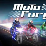 Trzech motocyklistów w kaskach na kolorowych motocyklach pędzi po torze, nad nimi napis Moto Fury