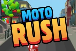 Duży napis Moto Rush z kolorową grafiką przedstawiającą ulicę z drzewami i budynkami w tle