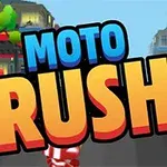 Duży napis Moto Rush z kolorową grafiką przedstawiającą ulicę z drzewami i budynkami w tle