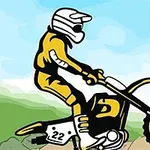 Kreskówkowy motocyklista w żółtym stroju jedzie motocyklem na tylnej oponie na tle niebieskiego nieba