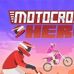 Trzech motocyklistów w kolorowych kaskach i strojach na pustynnym tle z napisem Motocross Hero u góry
