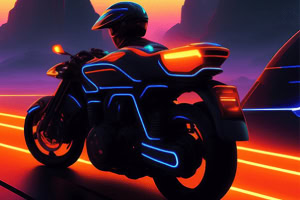 Futurystyczny motocykl z neonowym oświetleniem prowadzony przez osobę w kasku na tle neonowych torów i zachodu słońca