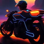 Futurystyczny motocykl z neonowym oświetleniem prowadzony przez osobę w kasku na tle neonowych torów i zachodu słońca