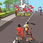 Dwie postacie na skuterach jadące ulicą w kolorowej, stylizowanej scenerii miejskiej z drzewami i budynkami