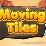 Napis „Moving Tiles” na tle kolorowego krajobrazu z brązowymi skałami i kolorowymi kryształami