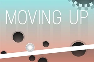 Biała linia z piłką tocząca się w górę pochyłej powierzchni, na tle zmieniającego się gradientu z dużym napisem MOVING UP