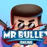 Postać z kreskówki z ciemnymi okularami i dwoma pistoletami, z tytułem MR BULLET 2 ONLINE na niebieskim tle