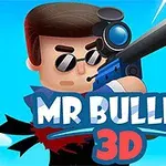 Postać z kreskówki w okularach przeciwsłonecznych trzymająca karabin na tle nieba i budynków, z napisem MR BULLET 3D