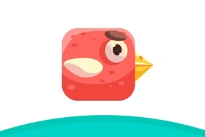 Czerwony ptak z żółtym dziobem i dużym okiem na białym tle