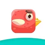 Czerwony ptak z żółtym dziobem i dużym okiem na białym tle