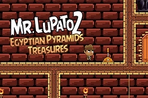 Grafika przedstawia postać w kapeluszu w stylizowanej na starożytną egipską świątynię scenerii z ceglaną ścianą i dźwignią