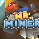 Górnik w hełmie górniczym z brodą, otoczony drewnianymi elementami i napis „MR