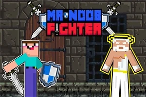 Dwóch pikselowych wojowników, jeden z mieczem i tarczą, stoi przed zamkniętymi drzwiami w kamiennym lochu z napisem Mr Noob Fighter nad nimi