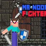 Dwóch pikselowych wojowników, jeden z mieczem i tarczą, stoi przed zamkniętymi drzwiami w kamiennym lochu z napisem Mr Noob Fighter nad nimi