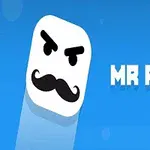 Biała, kwadratowa postać z wąsami i groźną miną na niebieskim tle z napisem MR PONG