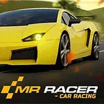 Jasnożółty sportowy samochód na drodze z logo MR RACER - CAR RACING