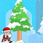 Święty Mikołaj w śnieżnym krajobrazie z ośnieżonymi drzewami i gwiazdką na niebieskim tle