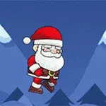 Święty Mikołaj w czerwonym stroju leci przez niebieskie, górzyste tło