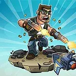 Postać z kreskówki z bronią palną strzelająca do drona na skale, tło z promieniami